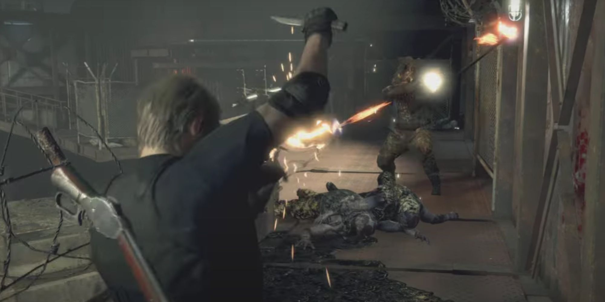 Leon holding his knife up in the air to deflect the crossbows being shot at him from a brute enemy, sparks and bolts flying in all directions.