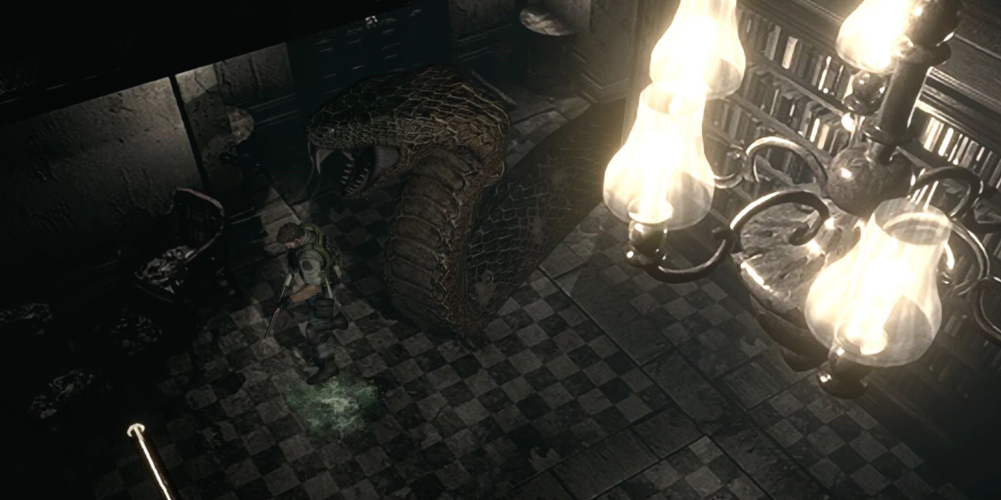 The giant mutated virus Snake known as Yawn with its mouth open and ready to strike from behind Chris Redfield.