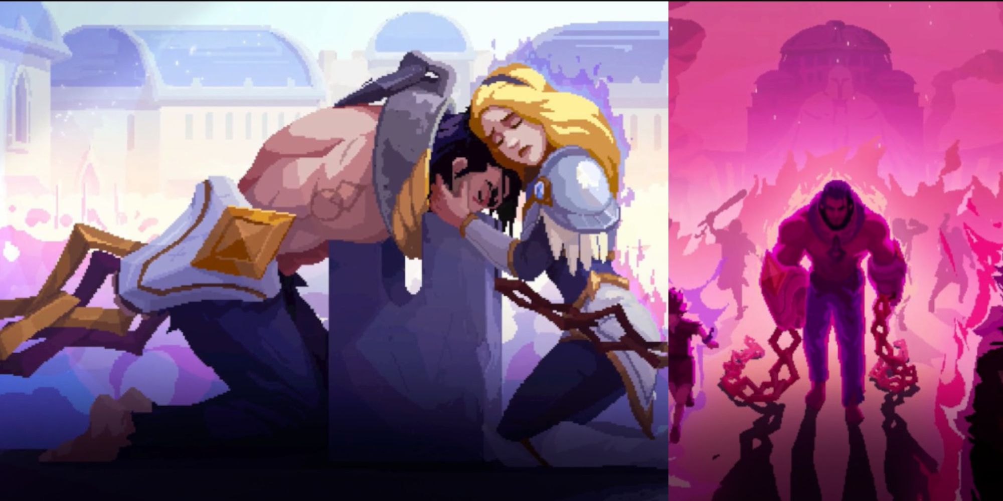 A collage of Lux comforting Sylas before his execution and Sylas escaping in The Mageseeker: A League Of Legends Story.