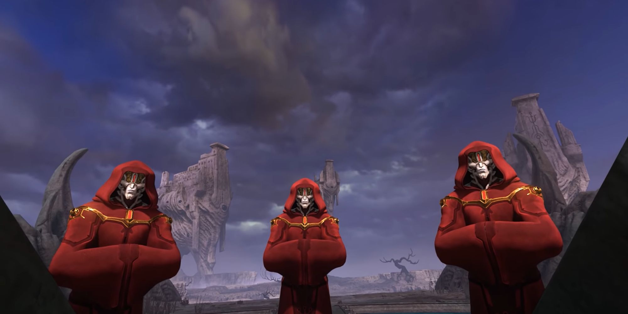 The Doom Slayer being lowered back into the sarcophagus in the presence of three red-robed beings. 