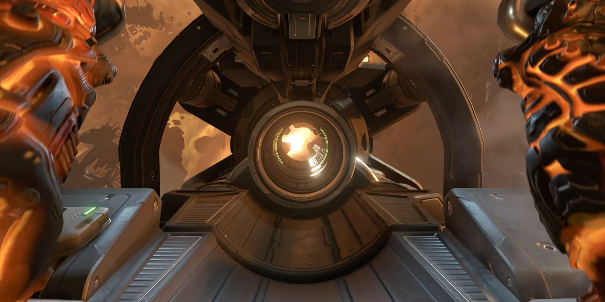 The Doom Slayer closing the hatch of the Ion Catapult as he prepares to launch away.