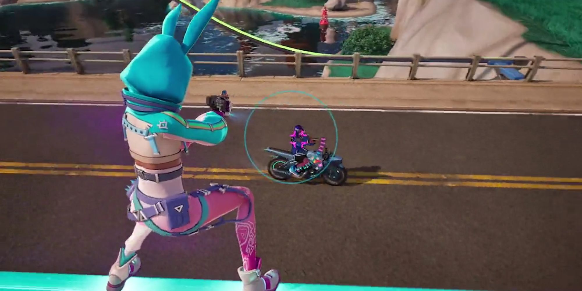 fortnite player shooting someone on a bike with the lock on pistol