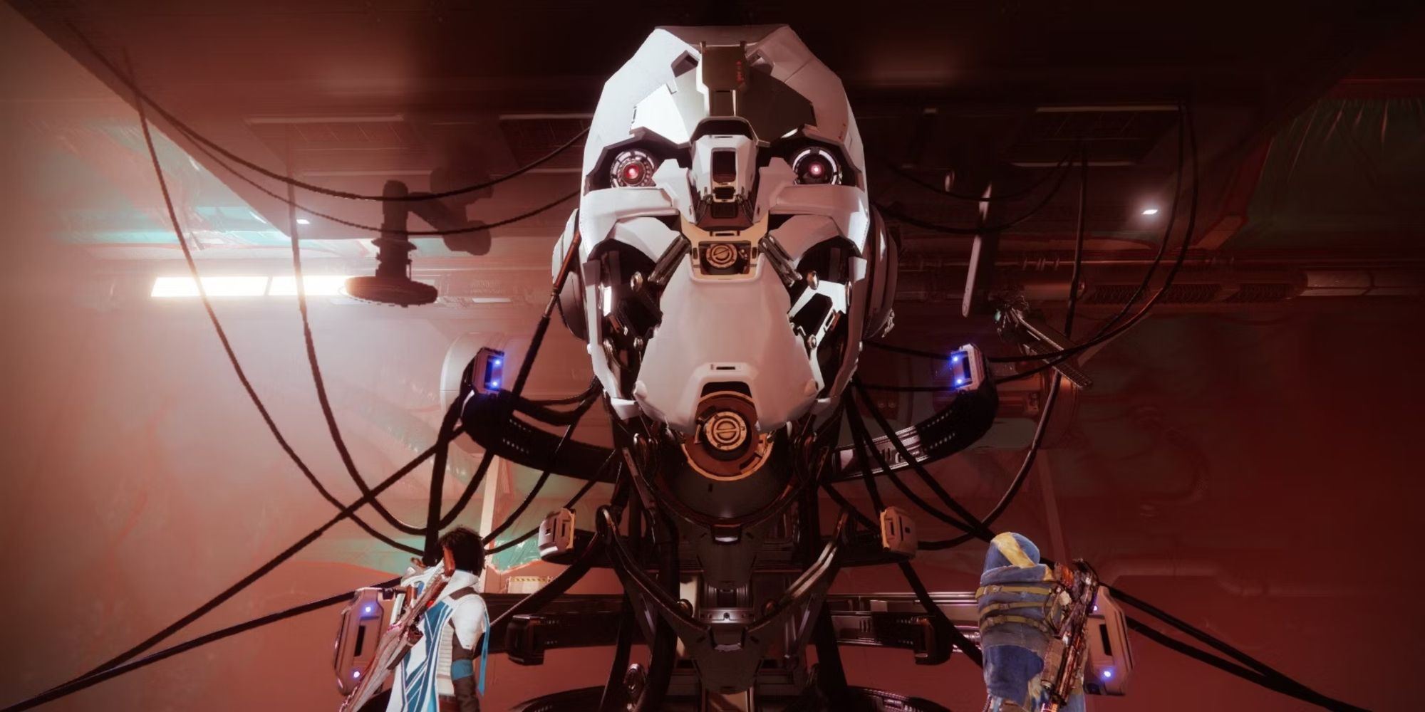 The large, robotic head of Clovis Bray connected by wires in the Destiny series.