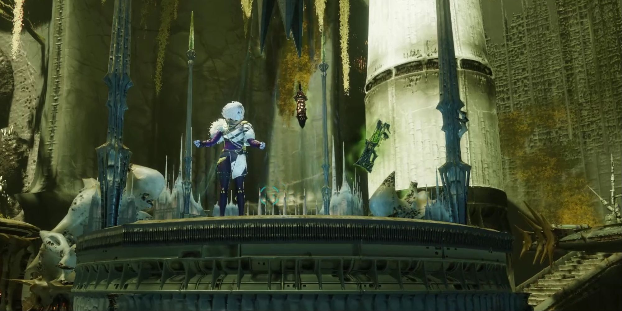 Mara Sov stands next to a floating gun in Destiny 2.