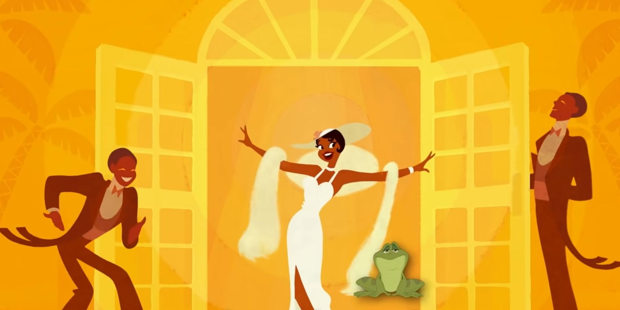 Princess Tiana in a nice white dress and accessories opening a door being greeted by butlers while singing "Almost There."