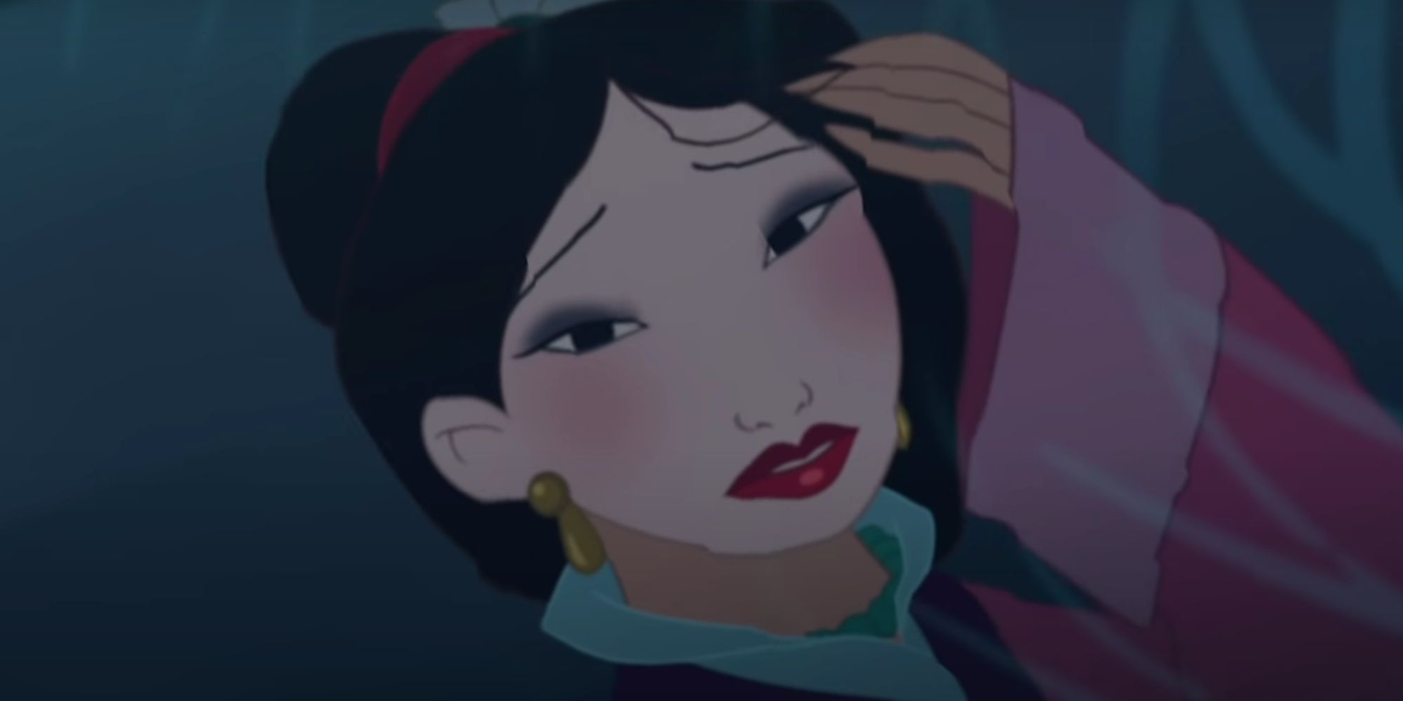 Mulan looking at a reflection of herself in water with makeup on, while singing the song "Reflection."