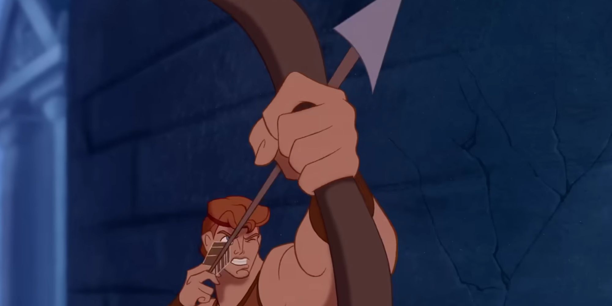 Hercules aiming an arrow at the sky while "Zero To Hero" is sung in the background.