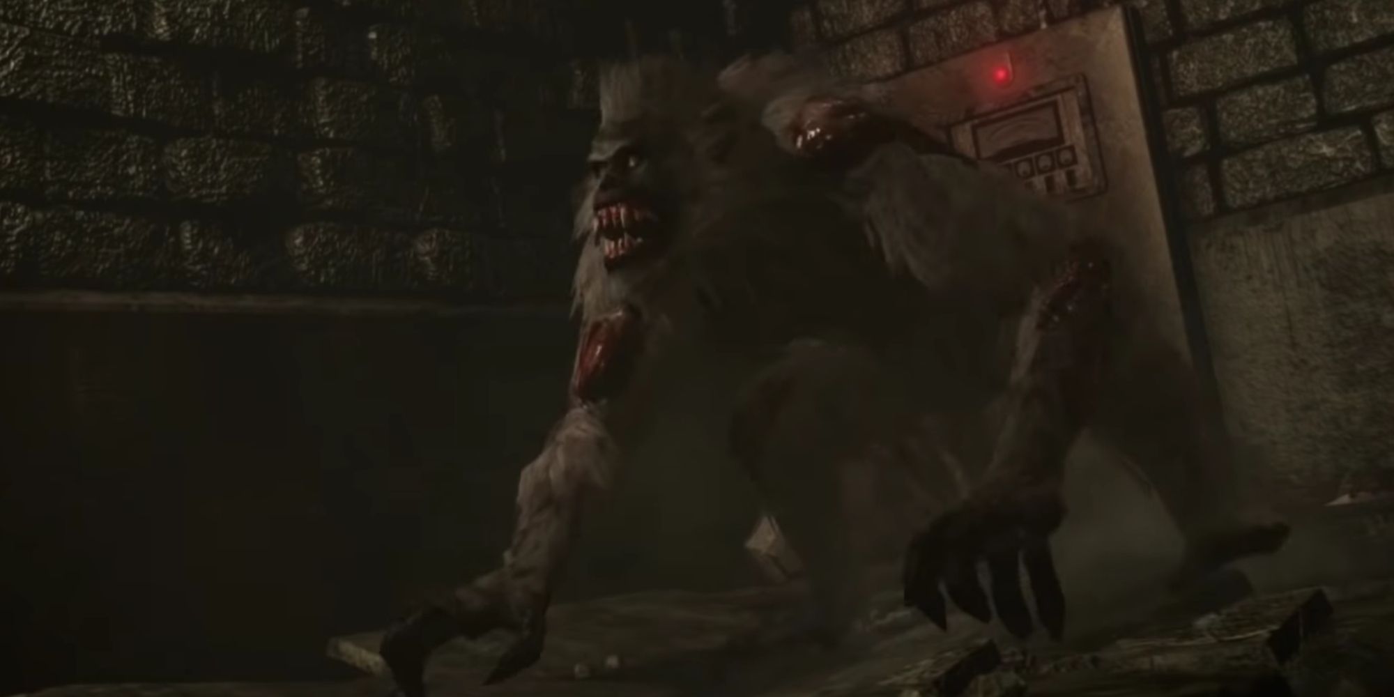 A close-up image of an Eliminator monkey baring its teeth at your character ready to charge at them.