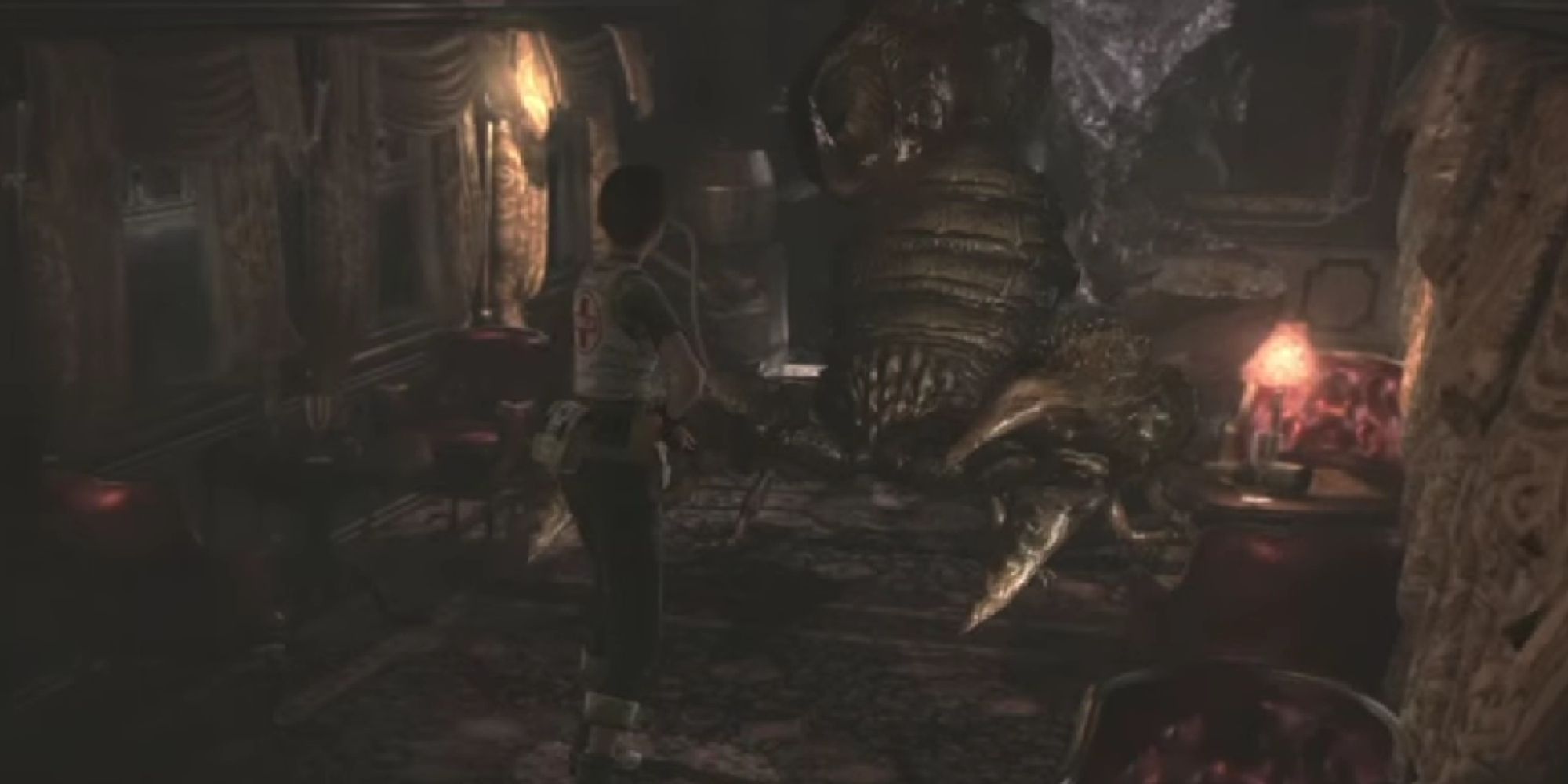 Rebecca face-to-face with the giant Stinger scorpion boss in the train car in Resident Evil 0.