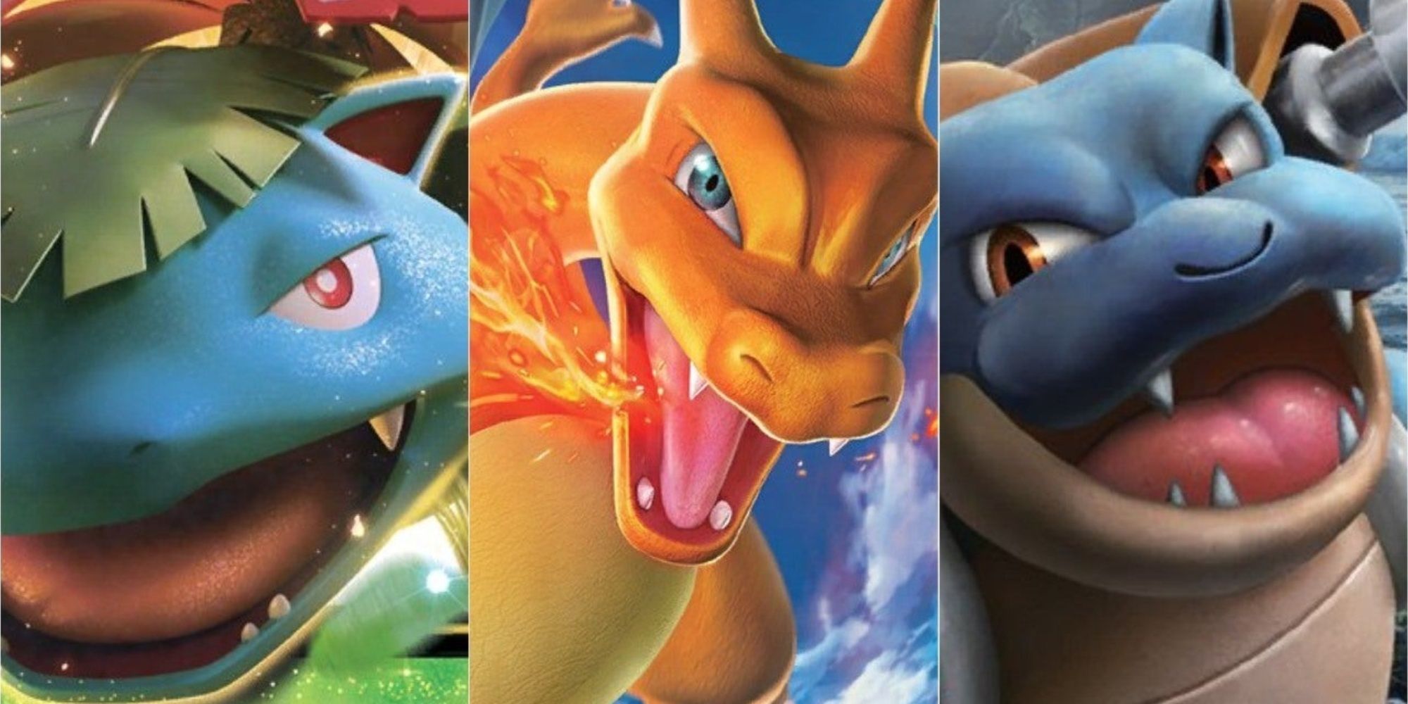 A collage showing Charizard, Blastoise, and Venusaur.