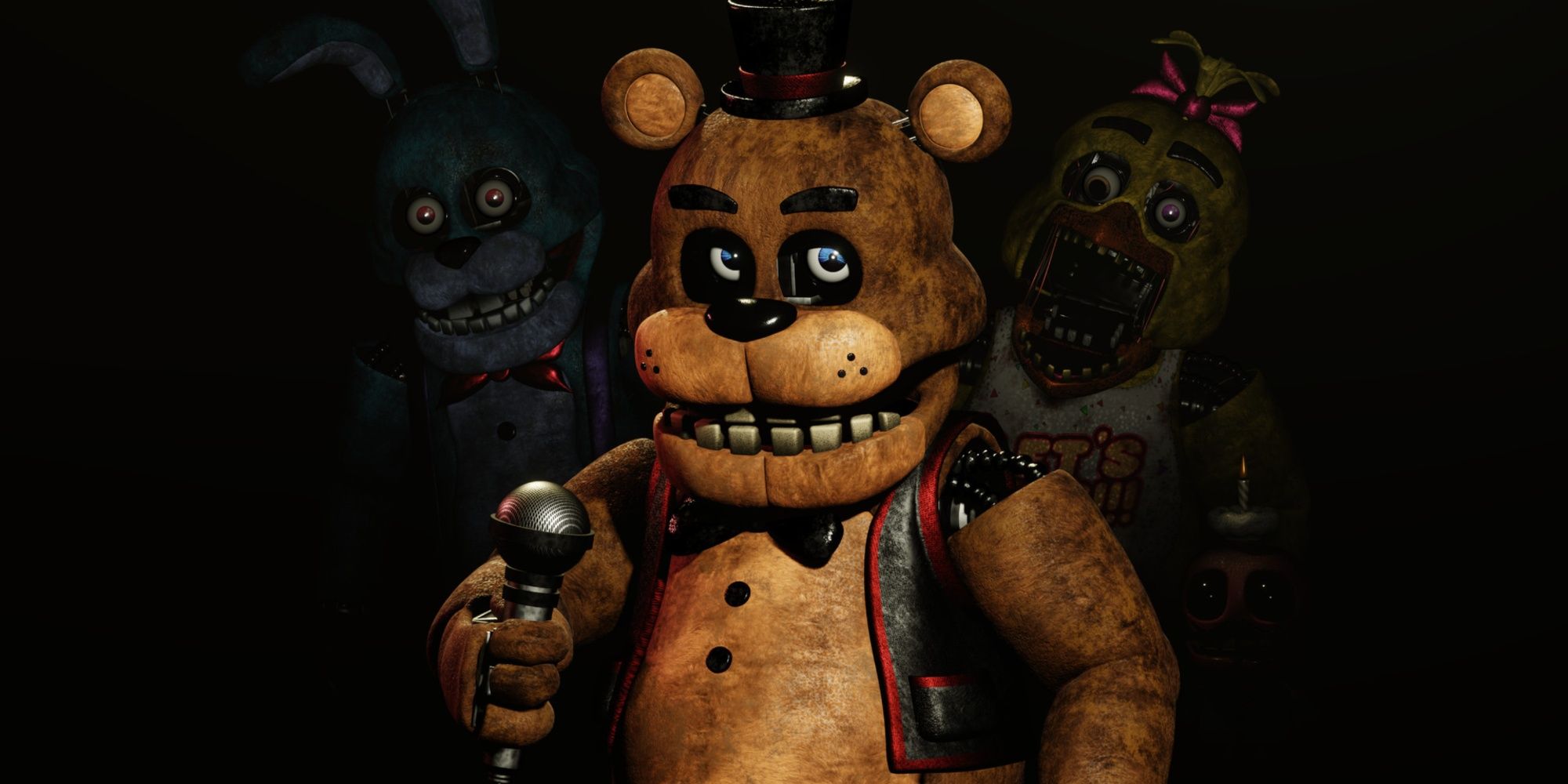 Freddy, the animatronic bear, grinning with evil glee in a dimly lit space.