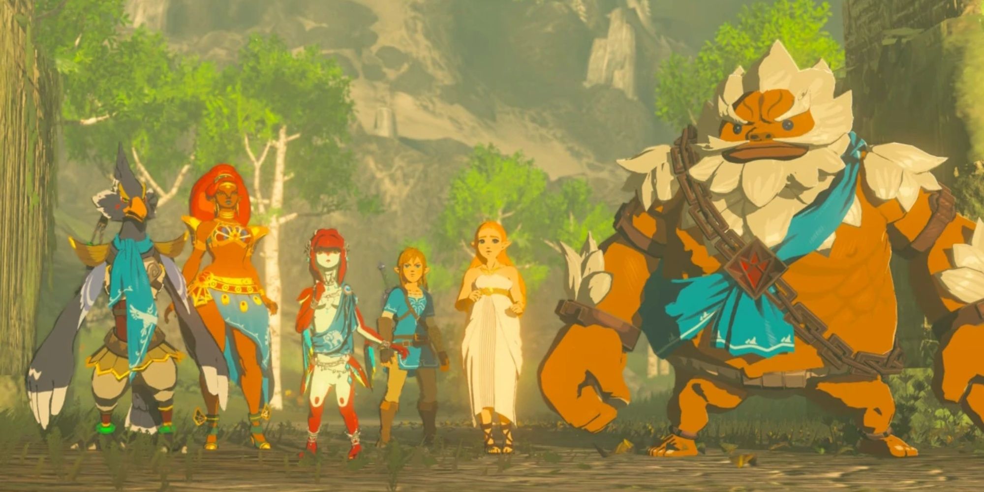 Link And Zelda Standing Alongside The Champions From Breath of the Wild