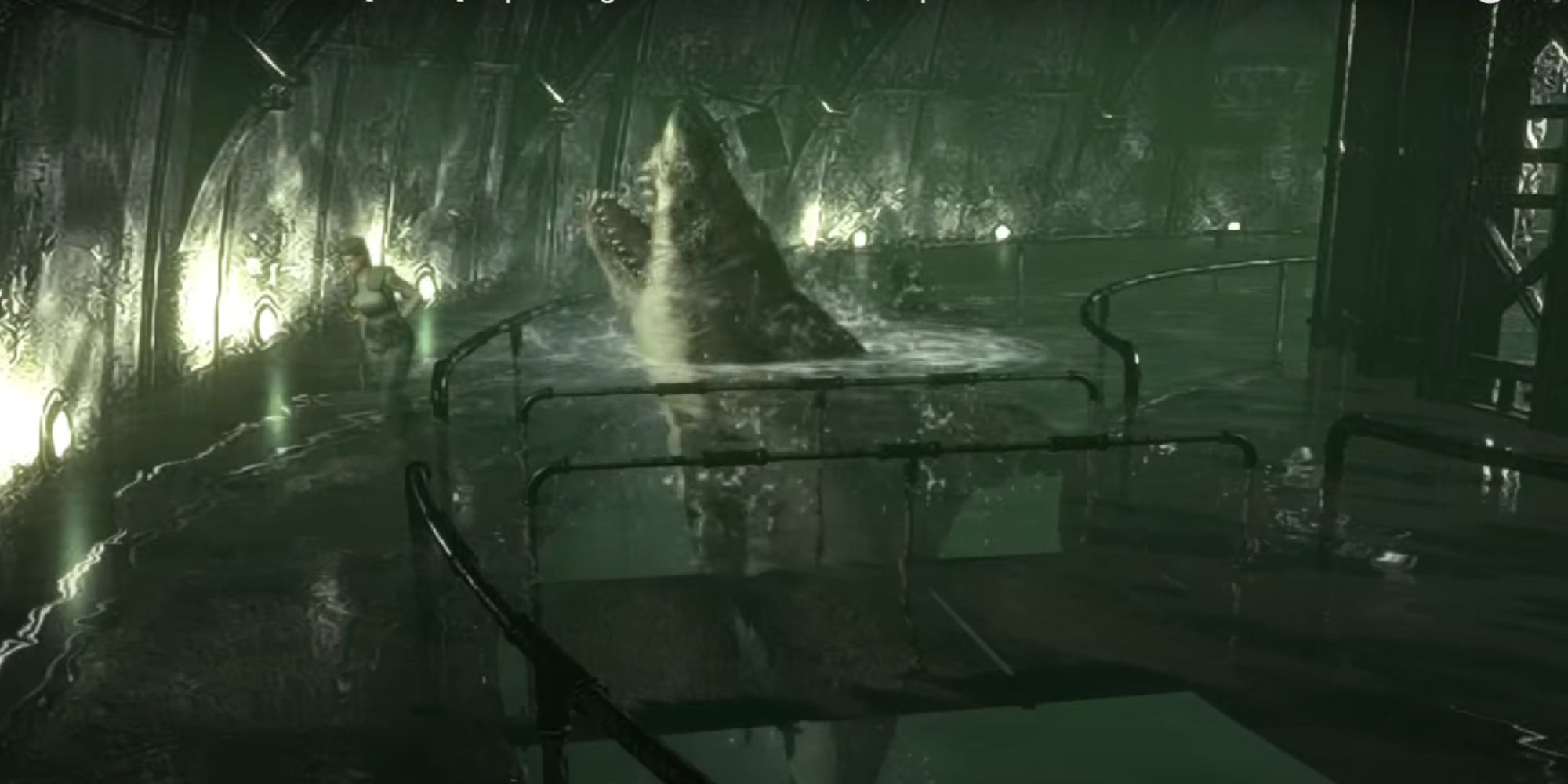 Jill injured and running in flooded water as a giant great-white shark jumps out of the water with its mouth wide open.