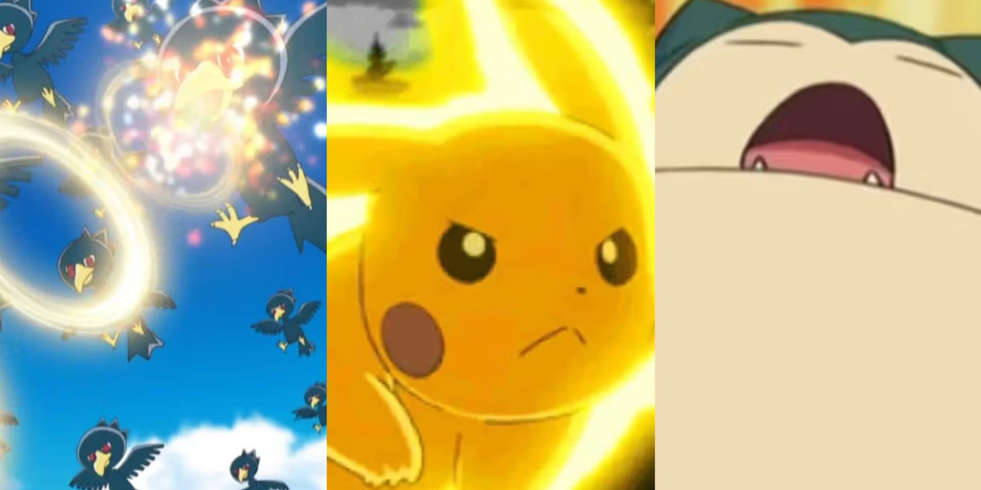 Collage of Pikachu, Snorlax, and Murkrow 