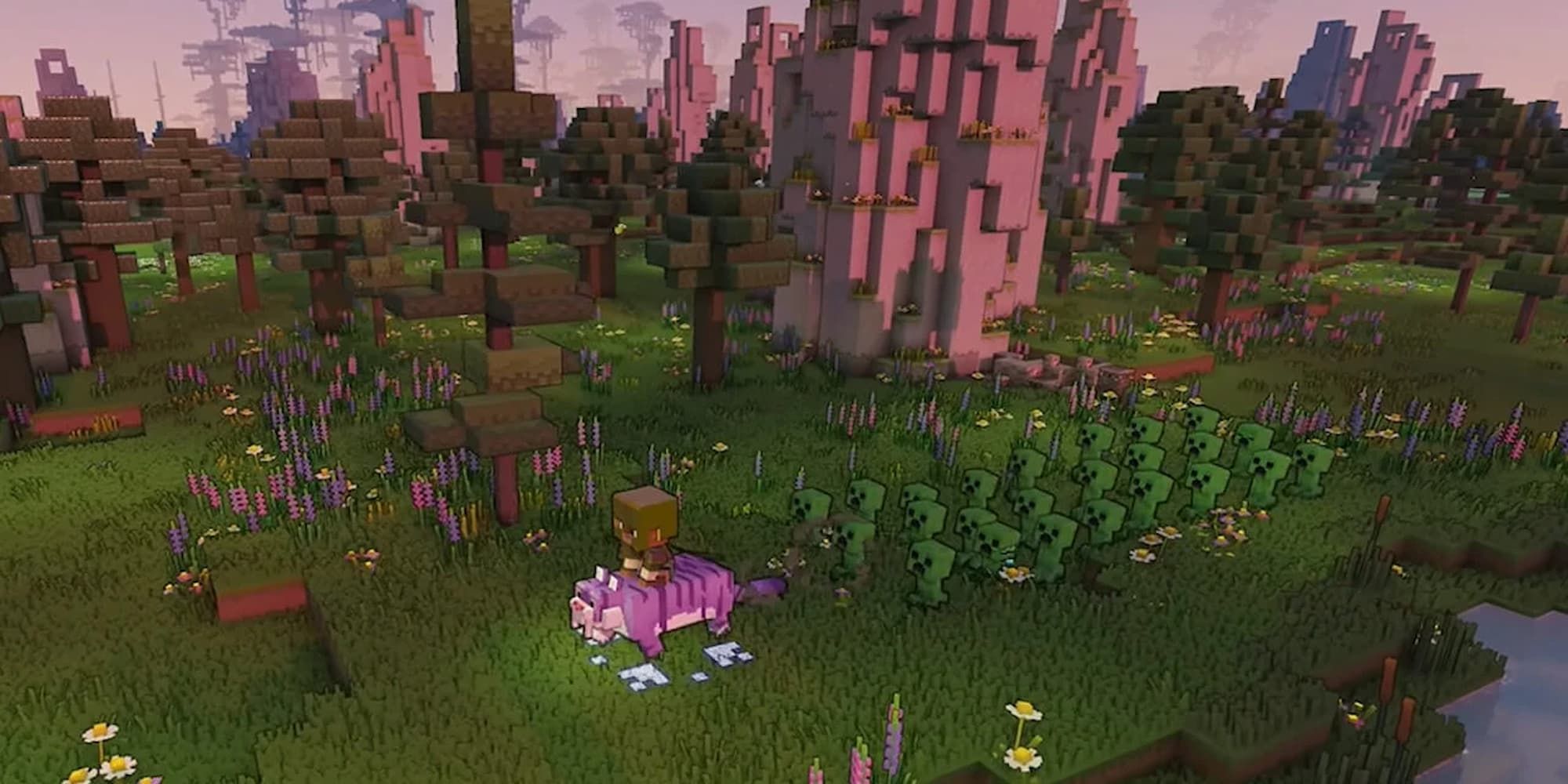 A large group of Creepers follows behind the hero in Minecraft Legends.
