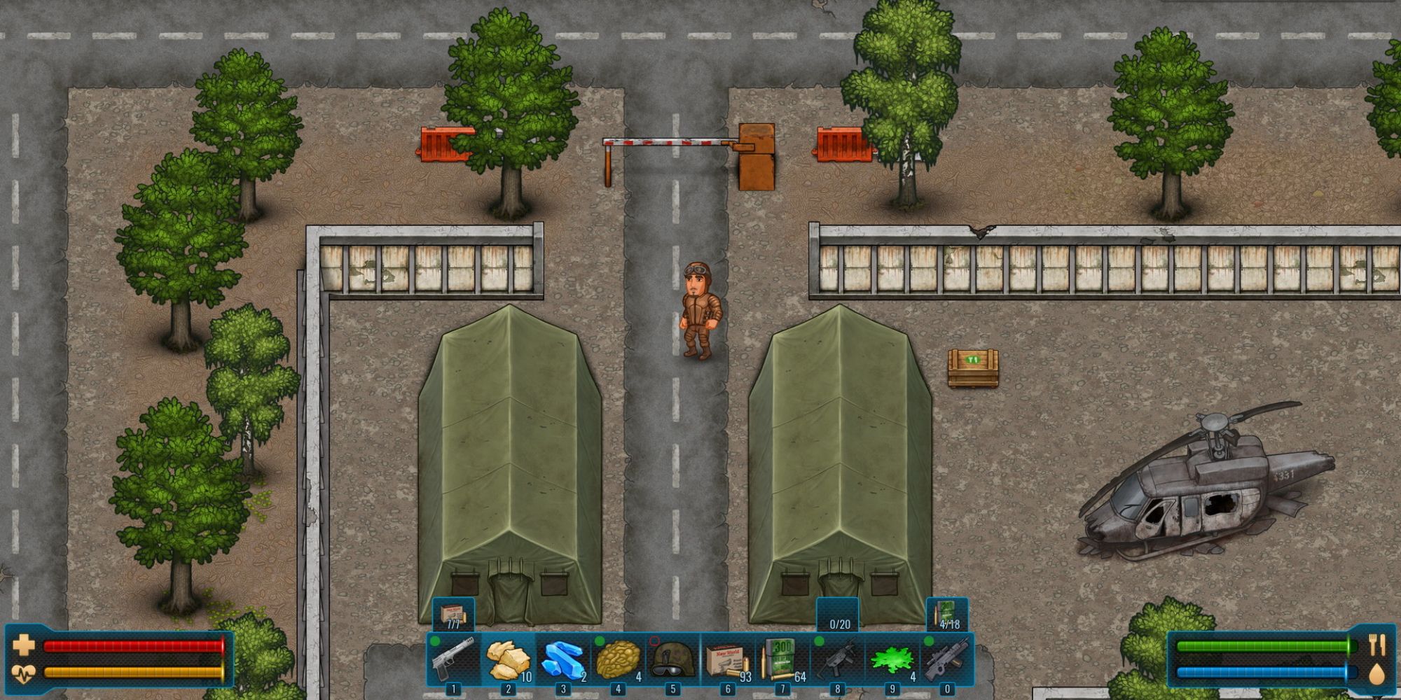 cryofall player in base with tents and a broken heliocopter