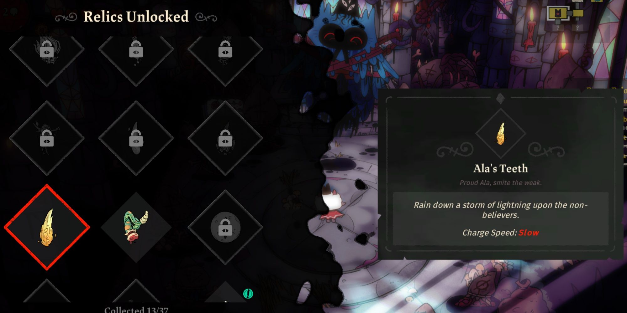 Cult Of The Lamb's Relic Menu showing Ala's Teeth.