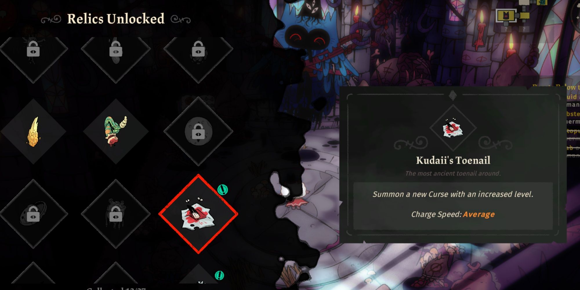 Cult Of The Lamb's Relic Menu showing the Kudaii's Toenail.
