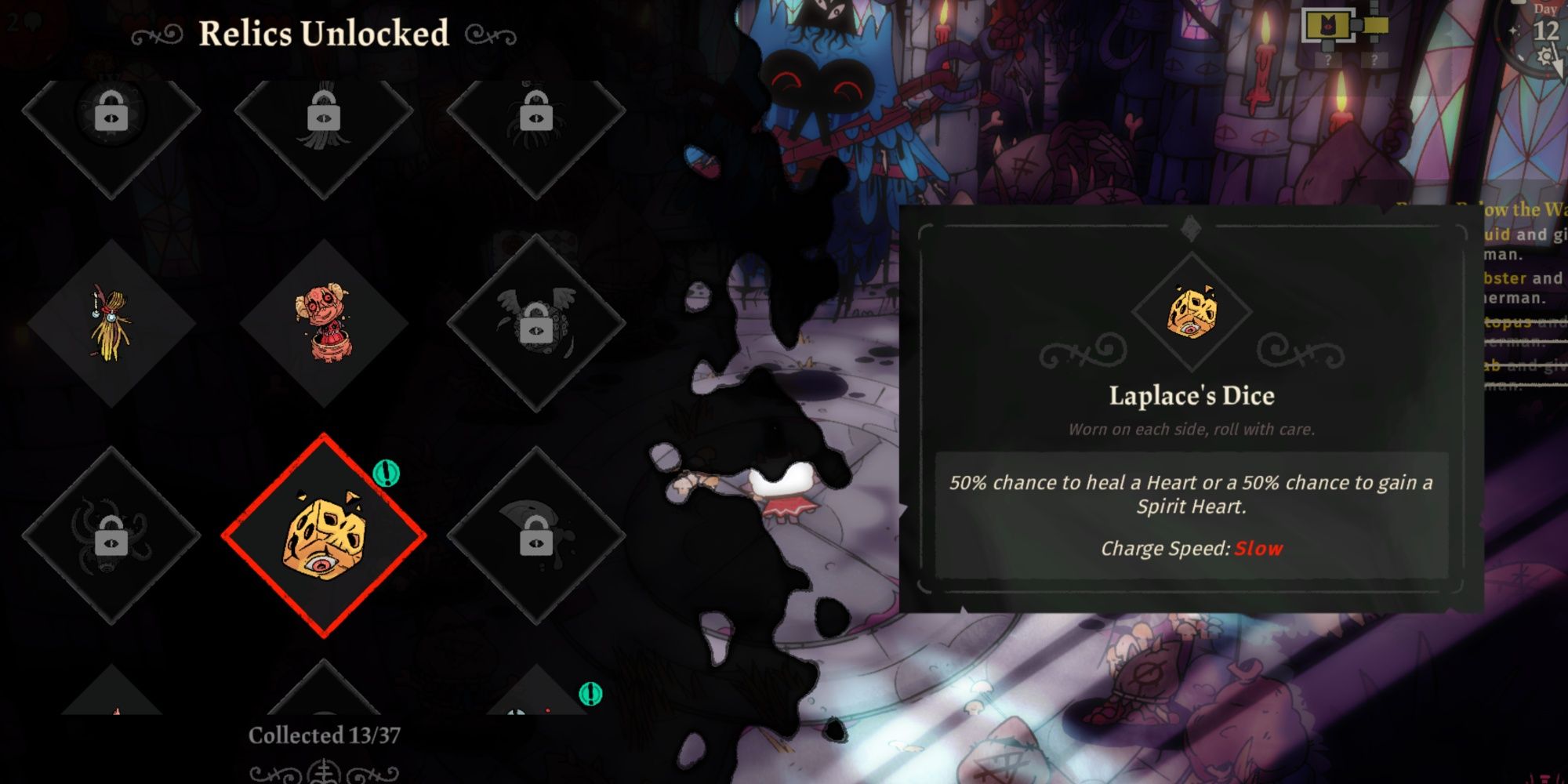 Cult Of The Lamb's Relic Menu showing the Laplace's Dice.