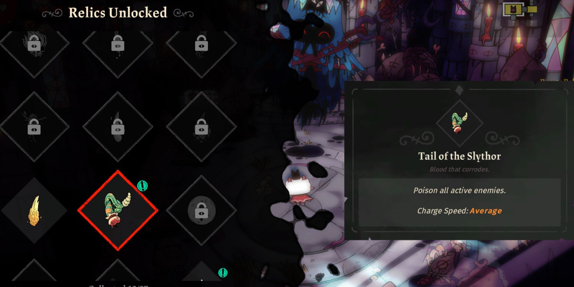 Cult Of The Lamb's Relic Menu showing the Tail of the Slythor.