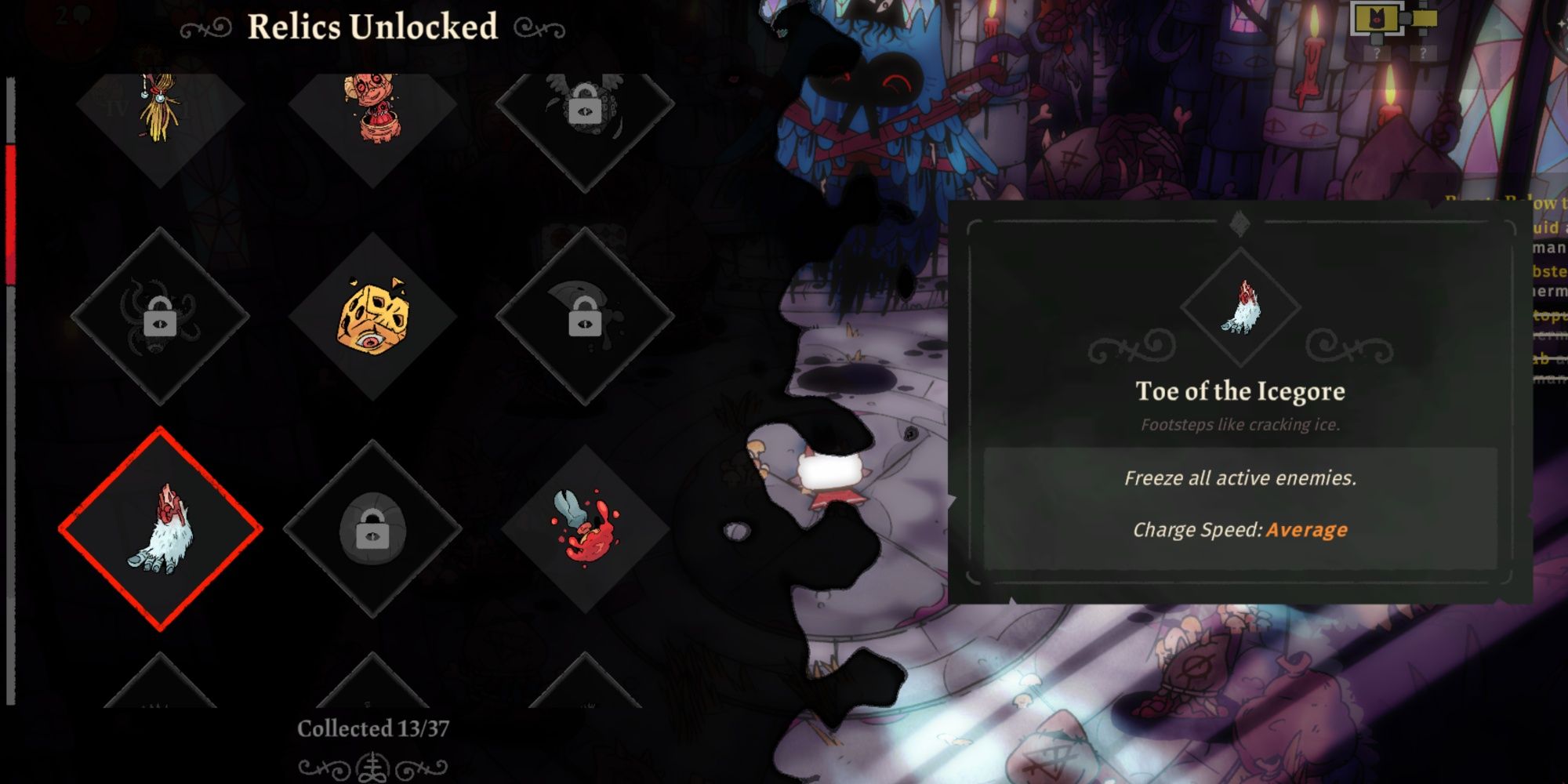 Cult Of The Lamb's Relic Menu showing the Toe Of The Icegore.