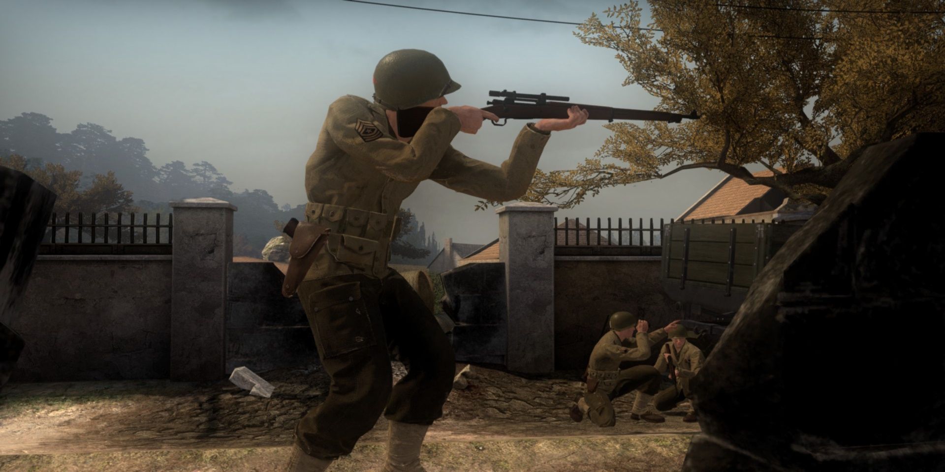 Solider aiming down sight while others are preparing to fight in Day of Infamy