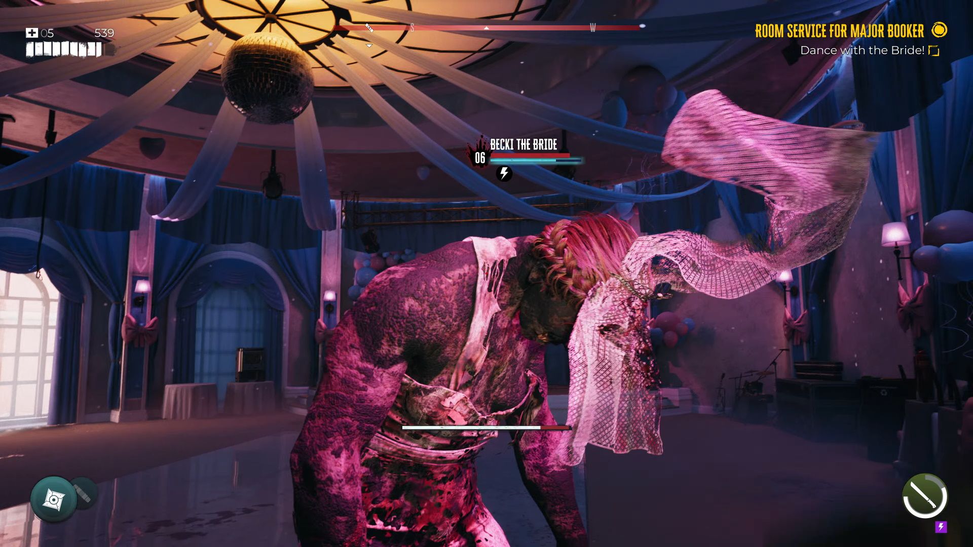Dead Island 2, Becky being stunned from a well-timed dodge