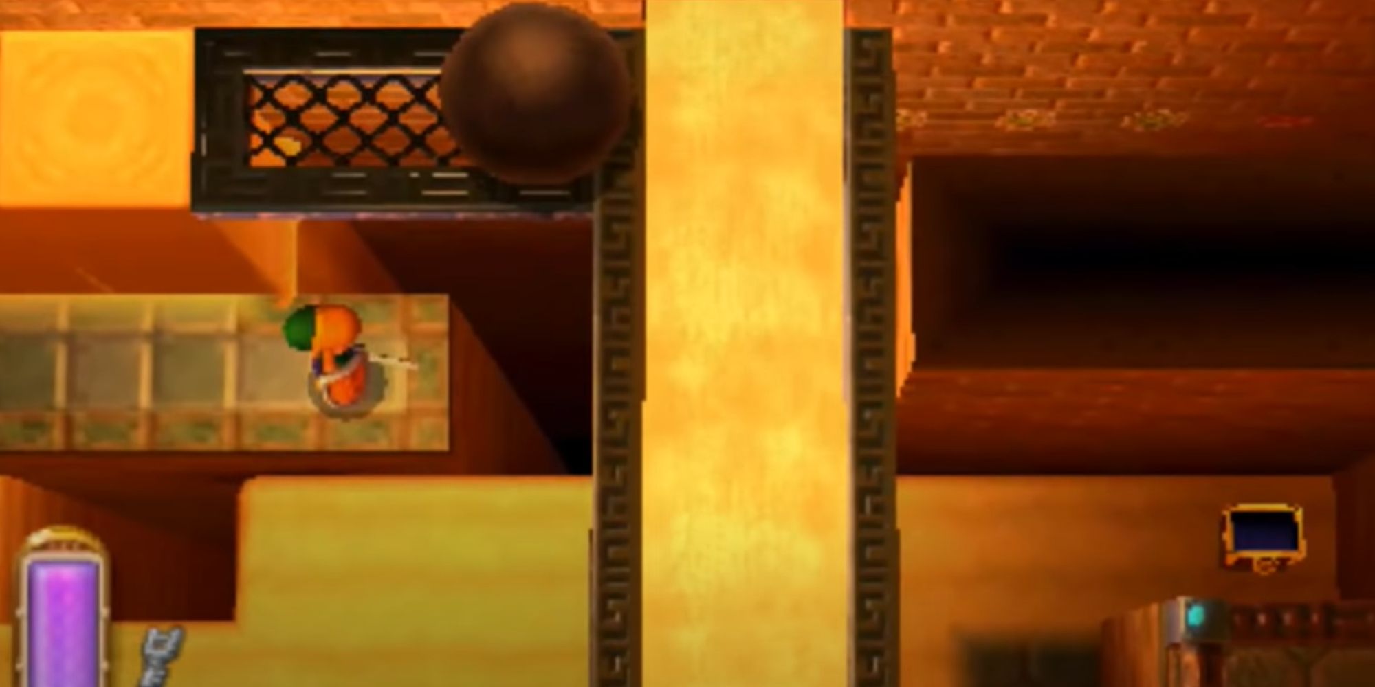 Link next to a ball that broke a block and freed the sand stream in A Link Between Worlds.