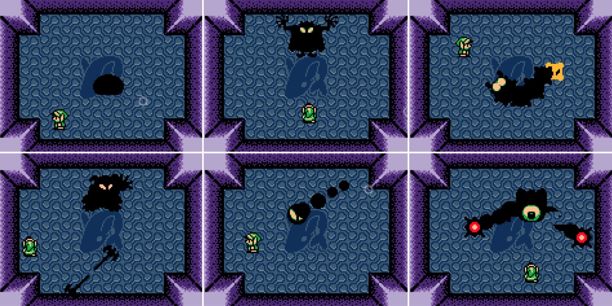 Six screenshots of the Shadow Nightmares boss from The Legend of Zelda: Link's Awakening