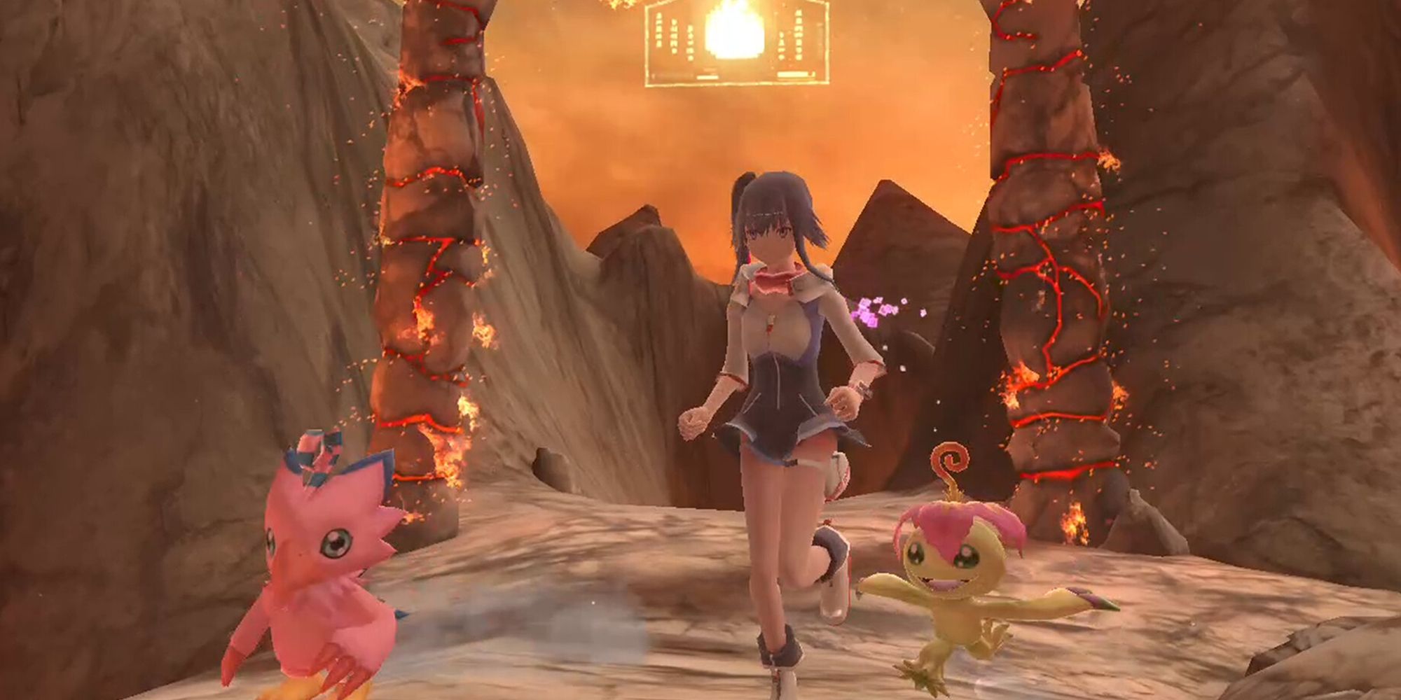 A character running on a rocky scenario with Biyomon and another digimon.