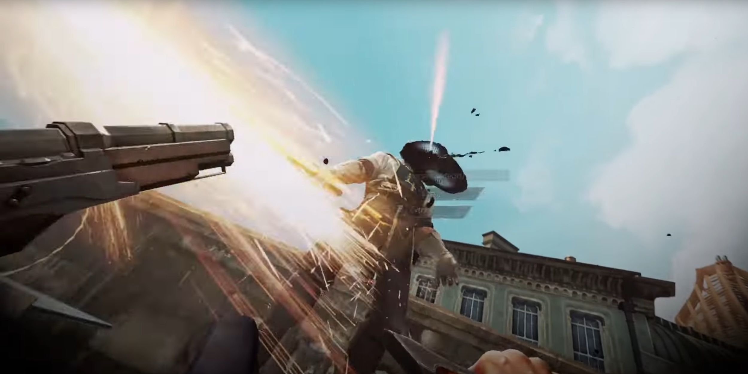 Corvo slides into a guard, firing his pistol as he does so