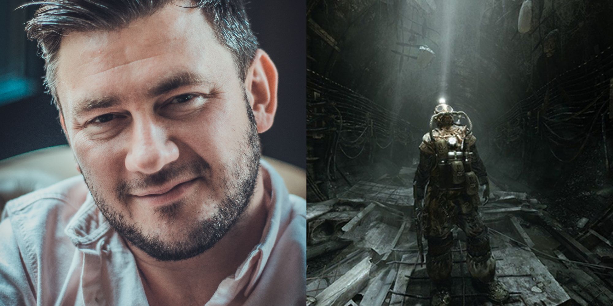 Collage of Dmitry Glukhovsky and a Metro Last Light Poster