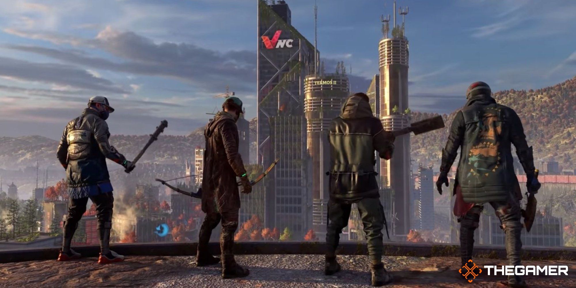 Four player characters in Dying Light 2's Multiplayer Mode looking at a cityscape.