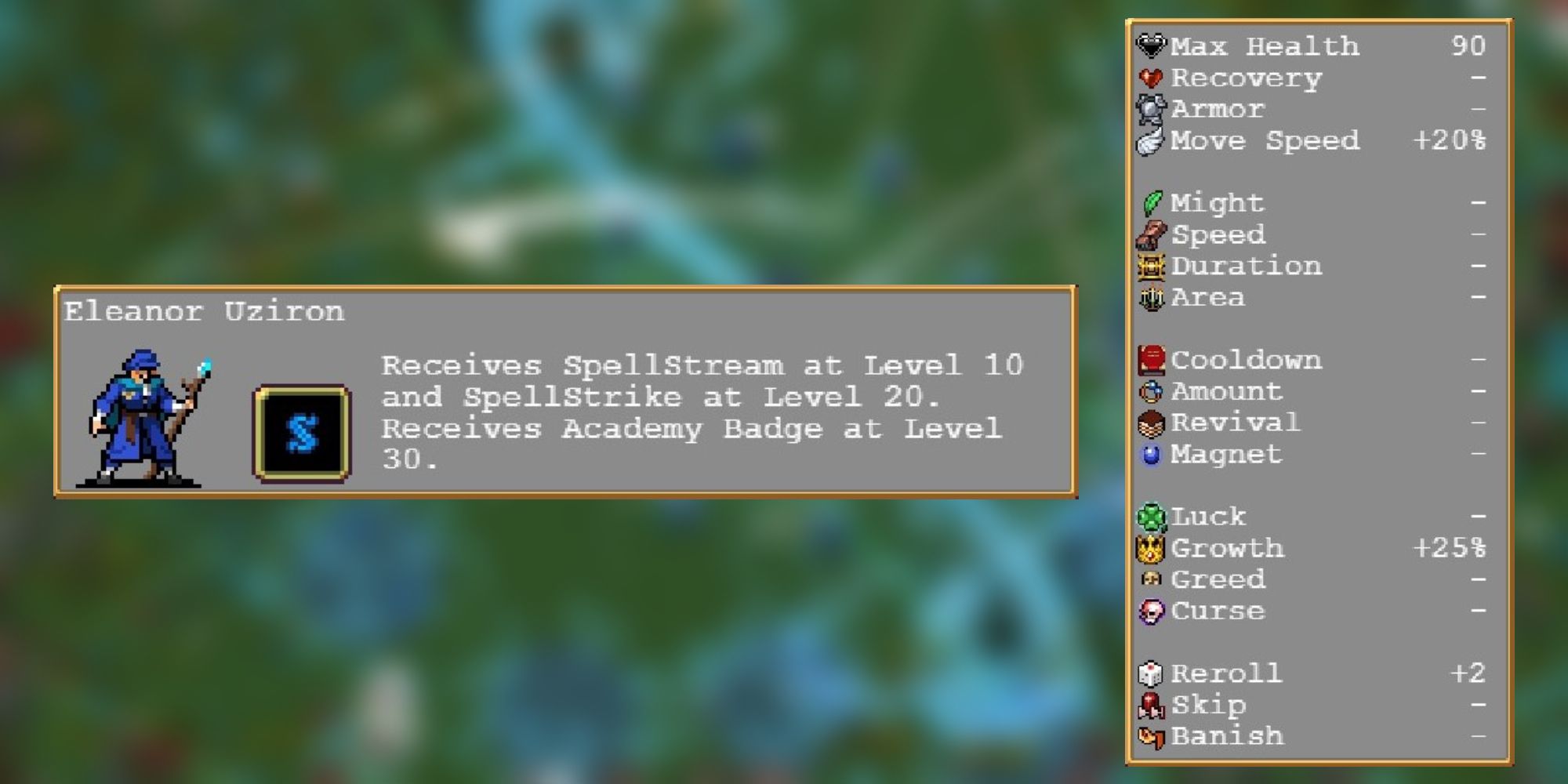 The description and stats of Eleanor from Vampire Survivors.