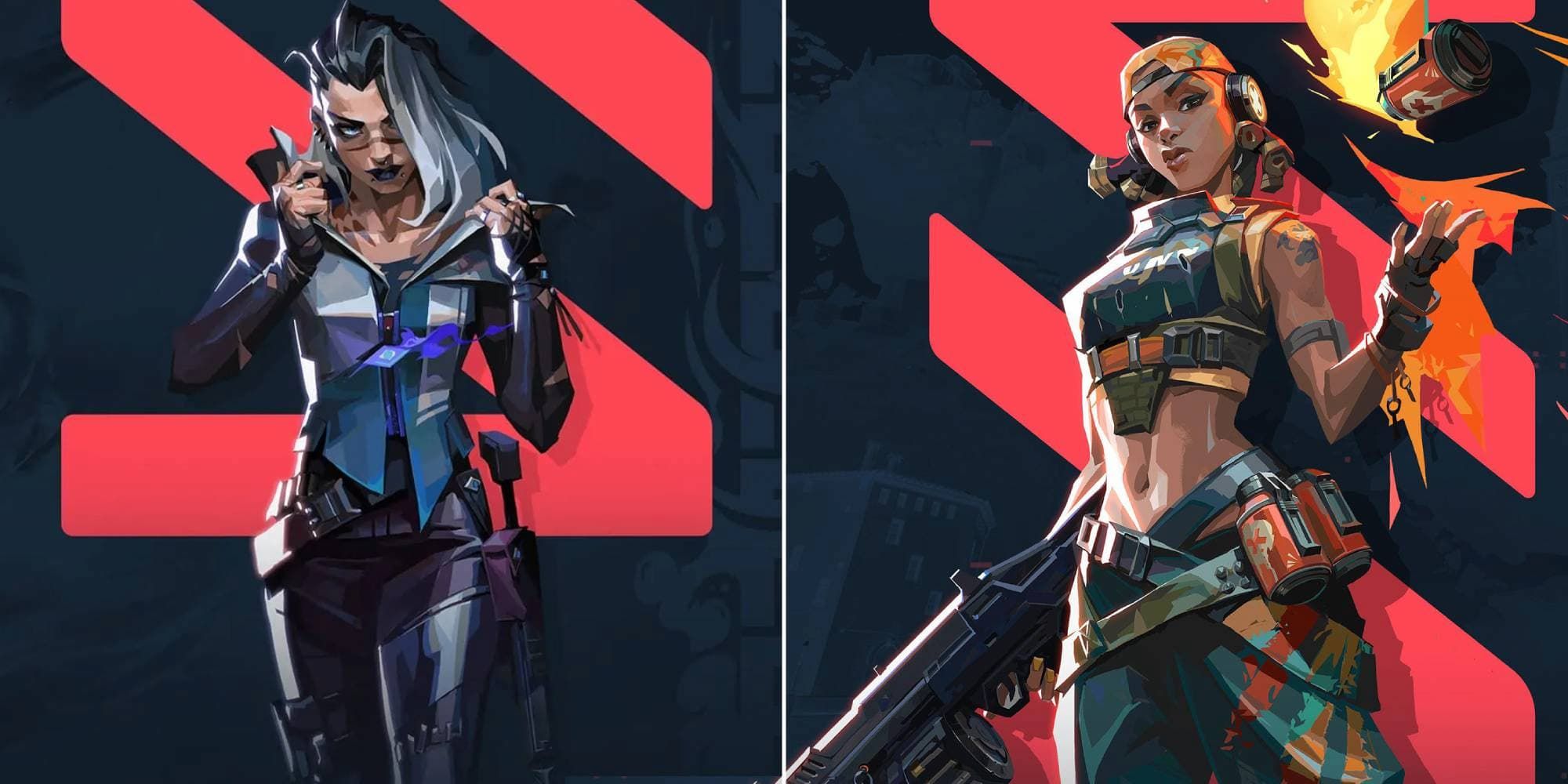 Fade adjusts her collar and Raze tosses one of her paint shell grenades in the air.