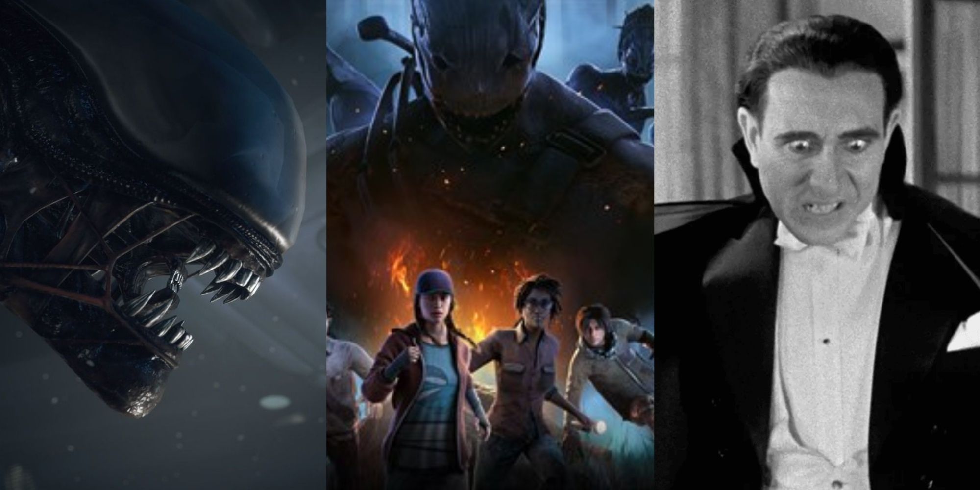 Split image of the Xenomorph, the Killer and Survivors in Dead by Daylight, and Dracula.