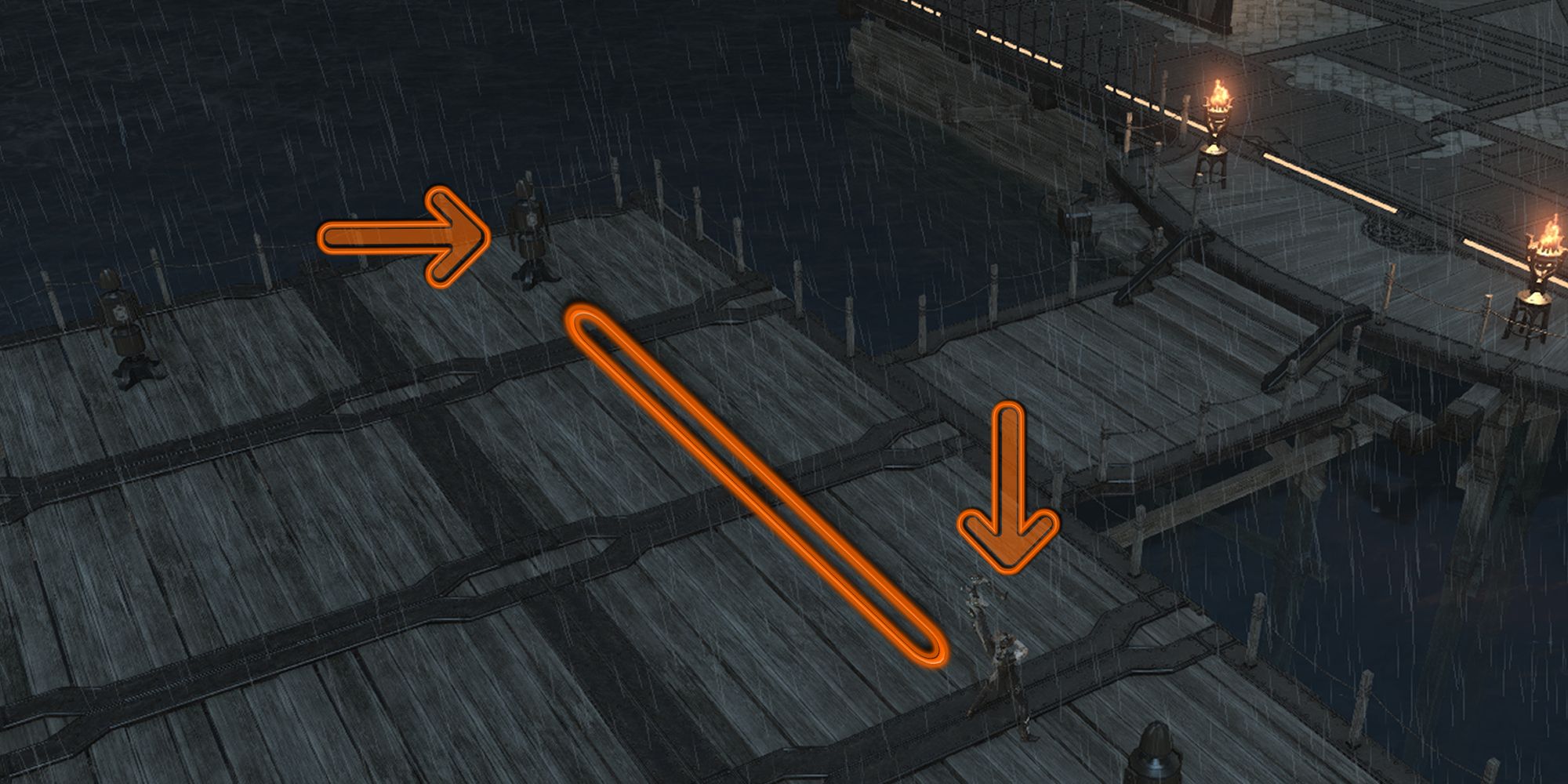 A birds-eye view of a diagram showing the optimal range of the Bard's PvP actions in Final Fantasy 14, with arrows and lines to demonstrate. There is a bard and a striking dummy on a pier, and it is raining.