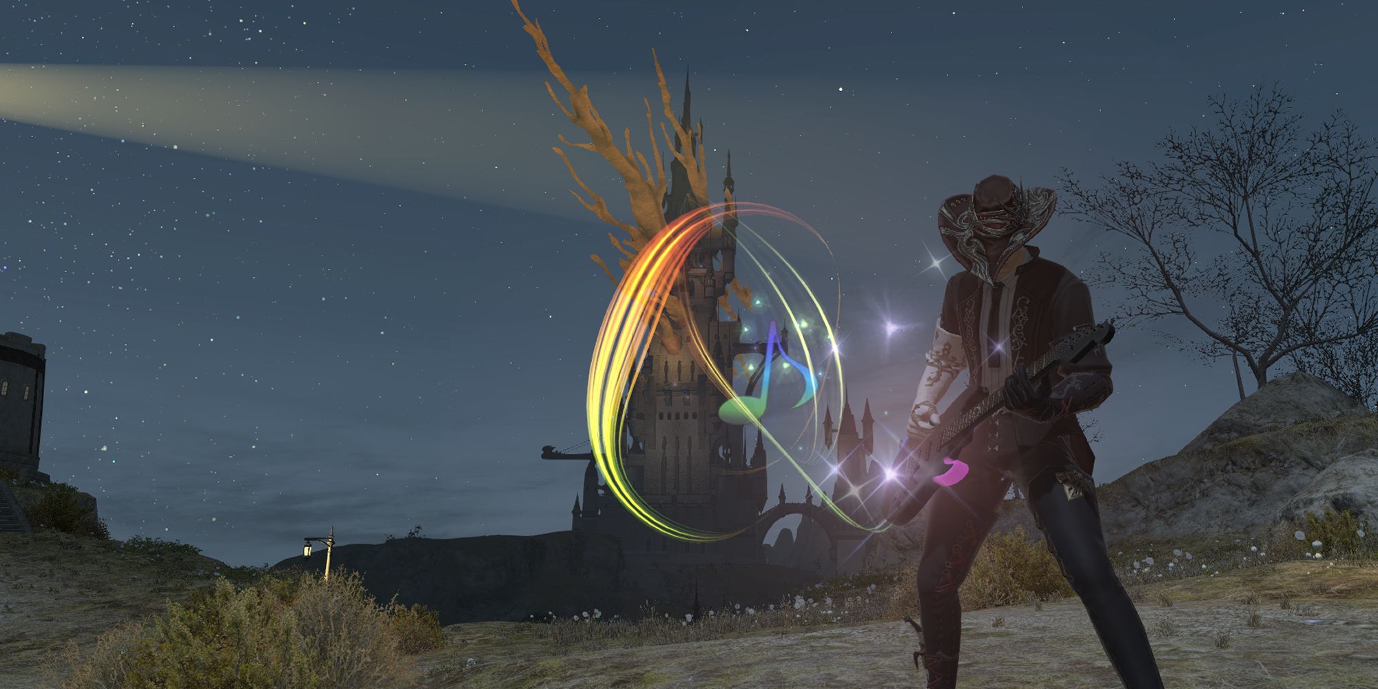 An image of a Bard in Final Fantasy 14, playing an electric guitar in front of a vista of a lighthouse overgrown with coral-like red crystal. It is night time.