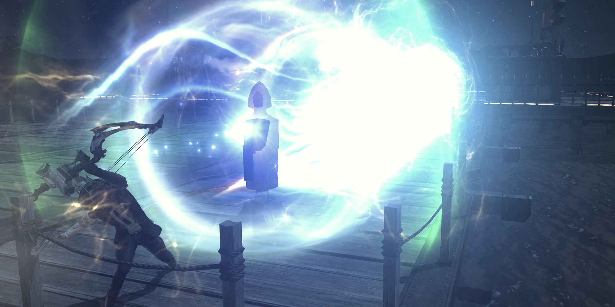 An image of a Bard from Final Fantasy 14 firing a powerful arrow at training dummies. The arrow is exploding in white-blue shockwaves.