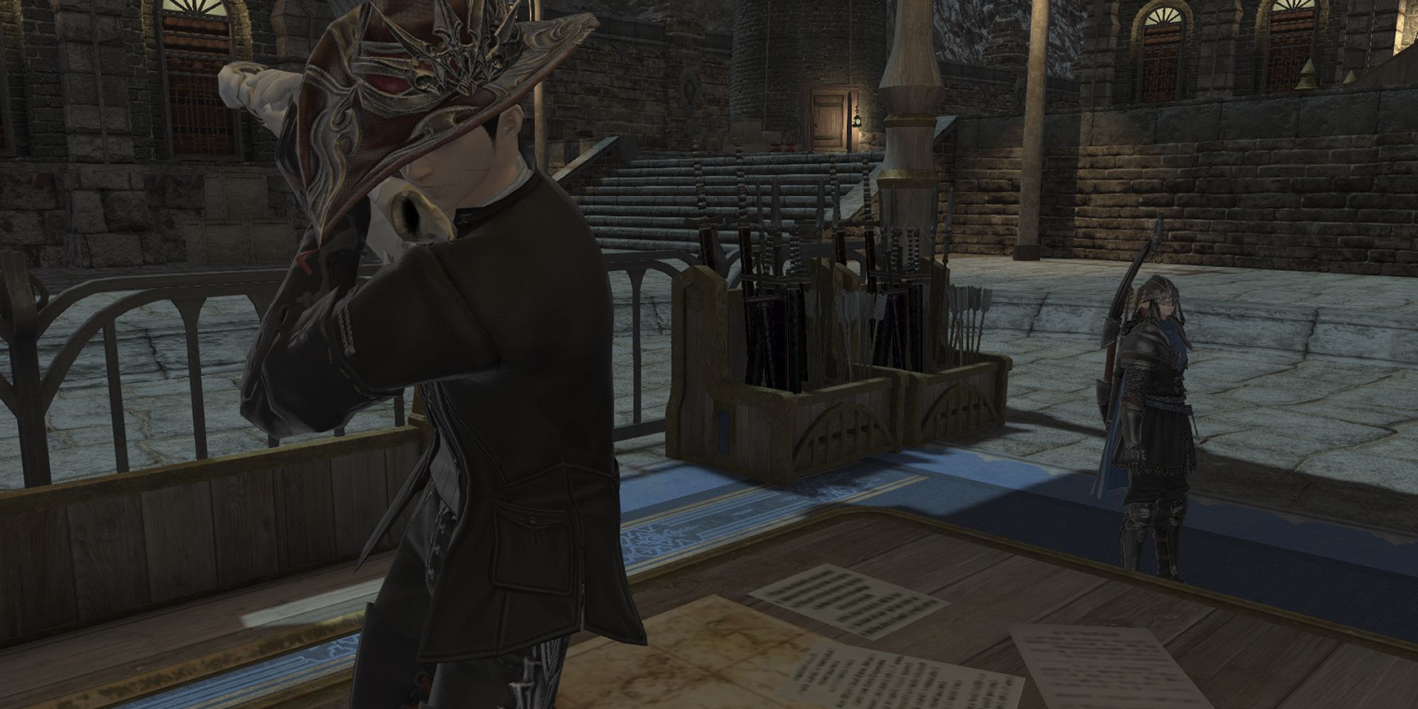 A Bard from Final Fantasy 14, dancing a merry jig on a war table with a flute. There is a guard staring at him with quiet contempt.