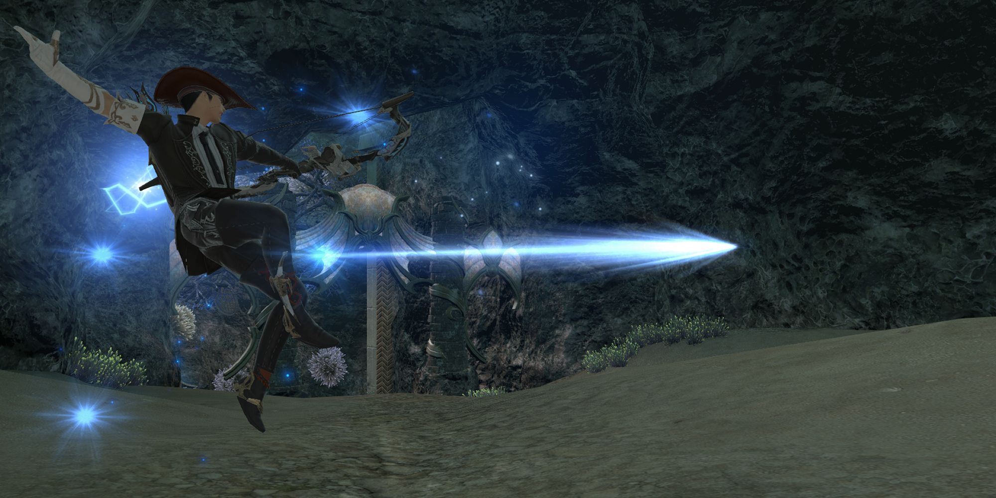 An image of a Bard from Final Fantasy 14 firing a glowing arrow while in mid-air. He is in an aquatic cave system with signs of underwater civilisation.
