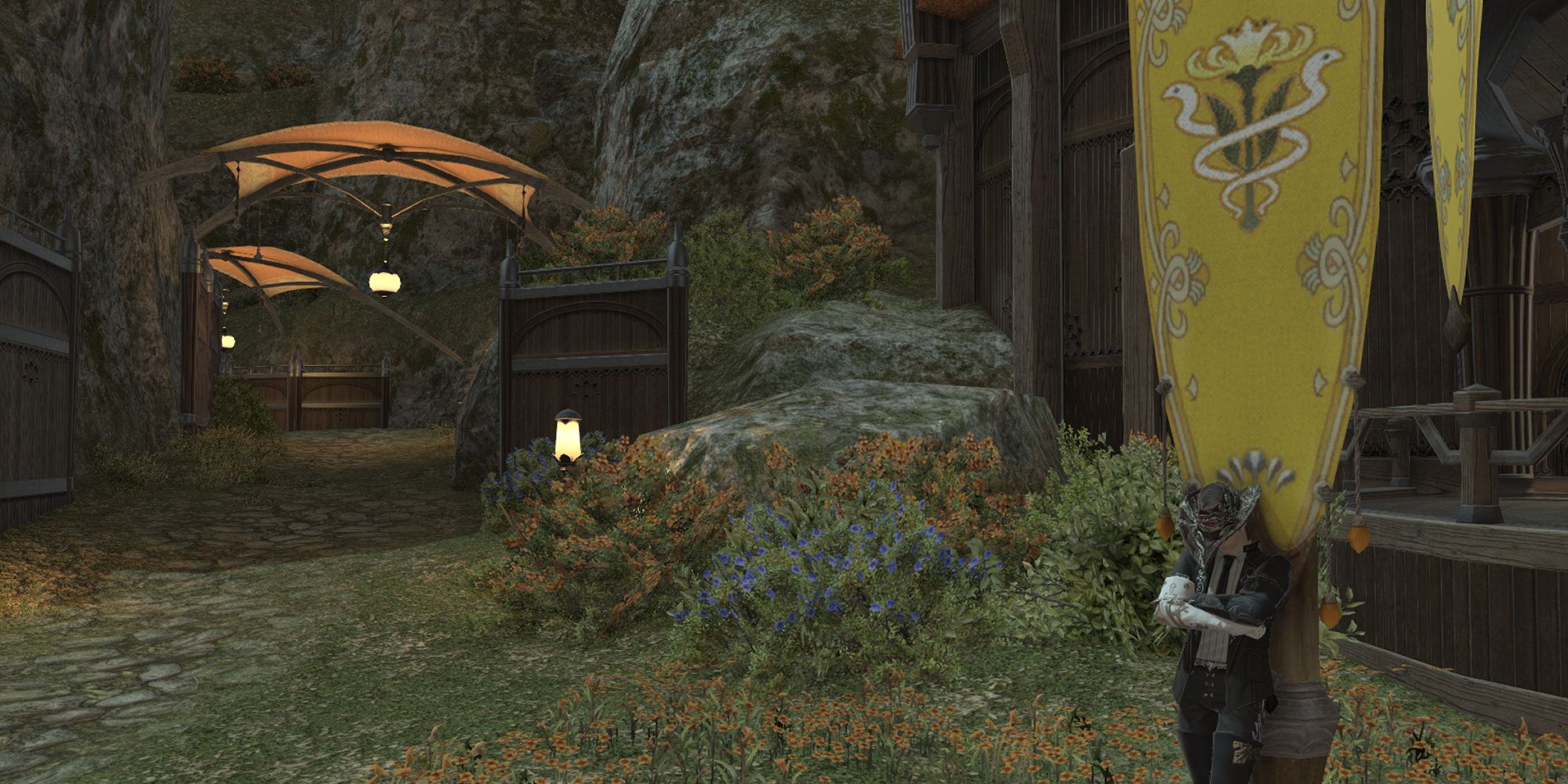 A Bard from Final Fantasy 14, taking a moment's rest in front of a Twin Adder flag in Gridania, a lush forest city. The Twin Adders have many archers among their ranks.