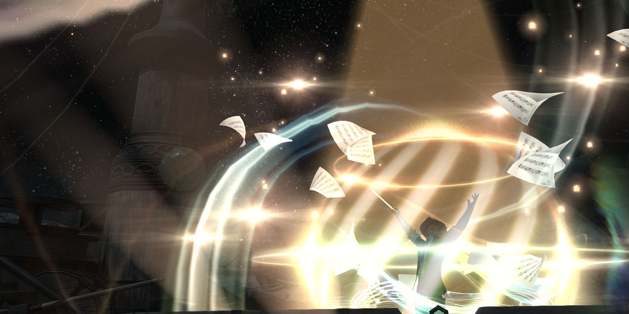 An image of a Bard from Final Fantasy 14 executing their limit break, Final Fantasia. He is holding a conductor's wand and is surrounded by spiral, glowing energy and fluttering sheets of music.