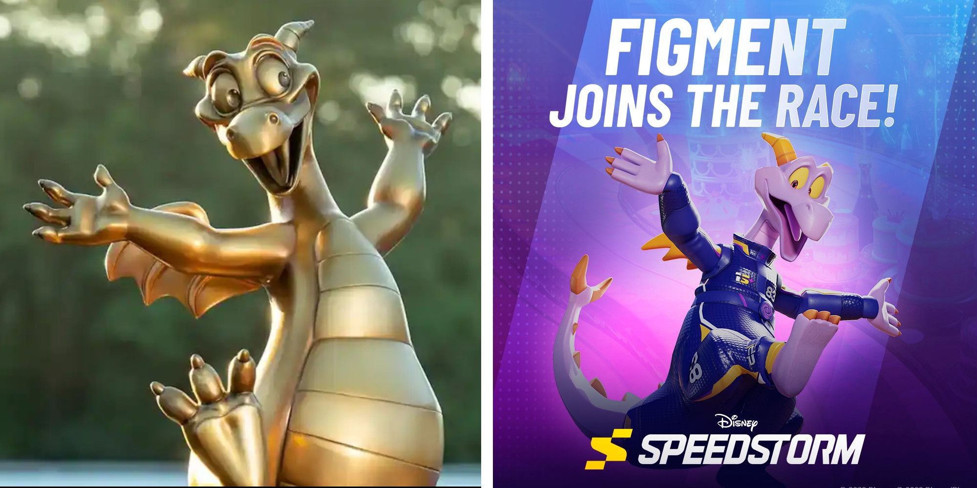 Two images of Figment. One a statue from Disney Epcot, the other from Disney Speedstorm.