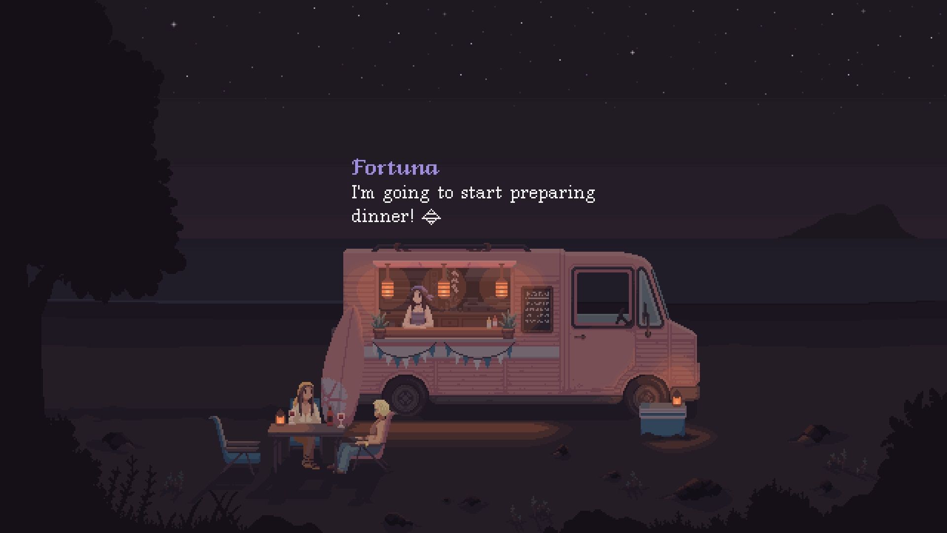 Fortuna and her friends in their van on the beach in The Cosmic Wheel Sisterhood.