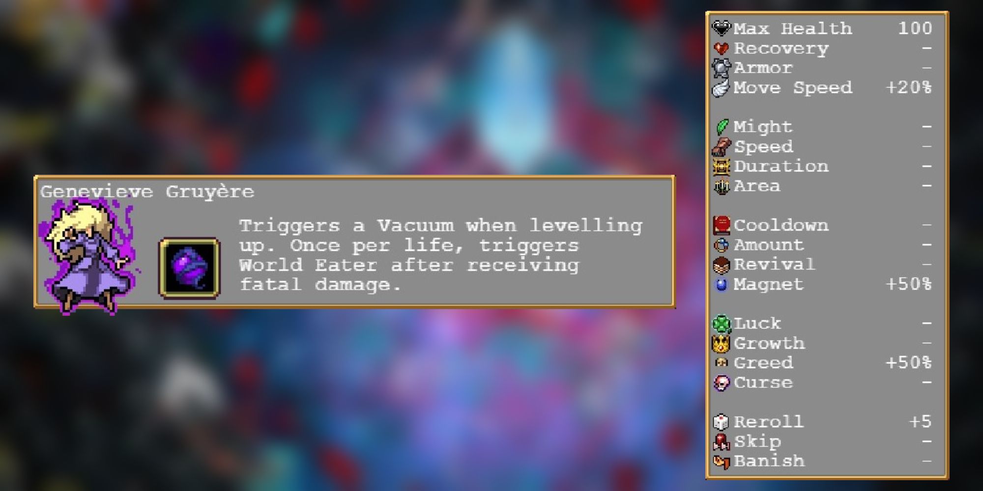 The stats and description of Genevieve from Vampire Survivors.