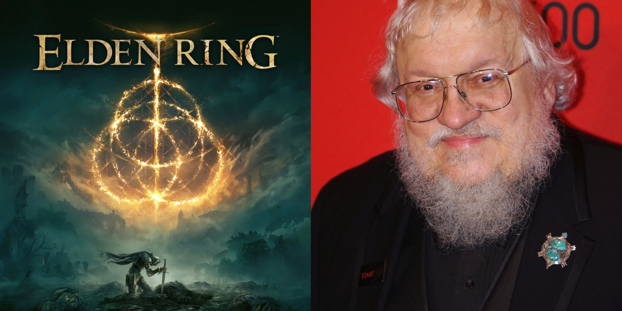 Collage of George RR Martin and Elden Ring's artwork.