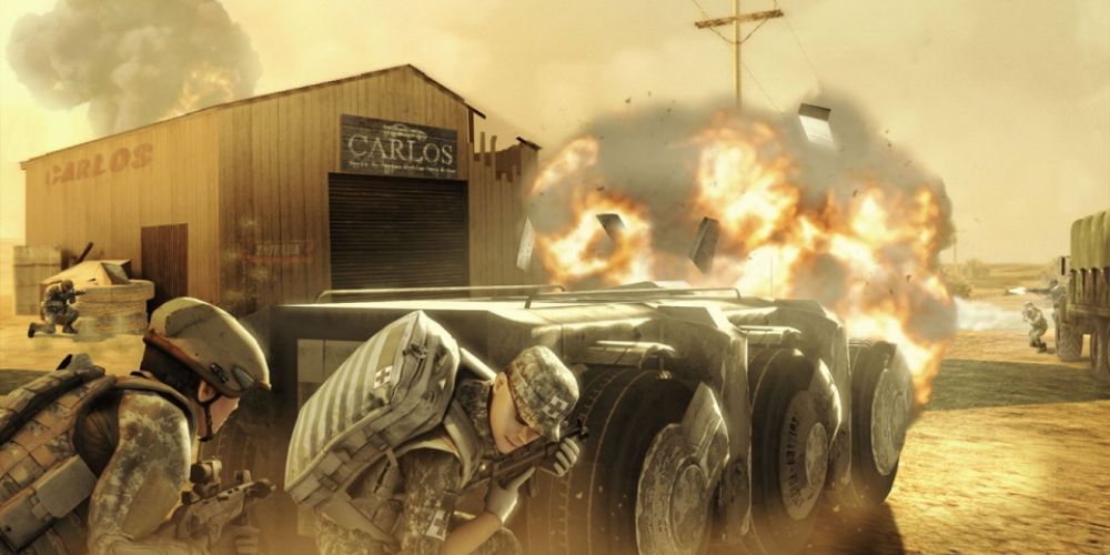 Ghost Recon Advanced Warfighter 2 Screenshot of Soldiers in Cover With An Explosion Happens Nearby