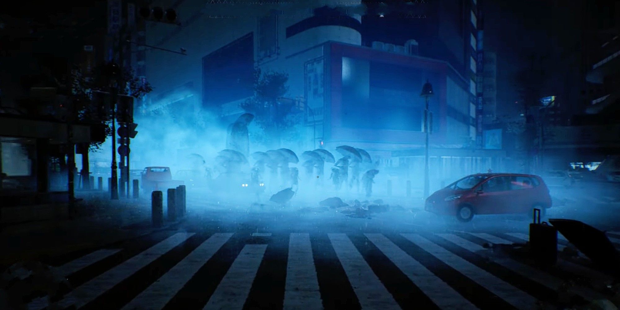 Visitors of all different sizes parade through the streets of Shibuya under a fog