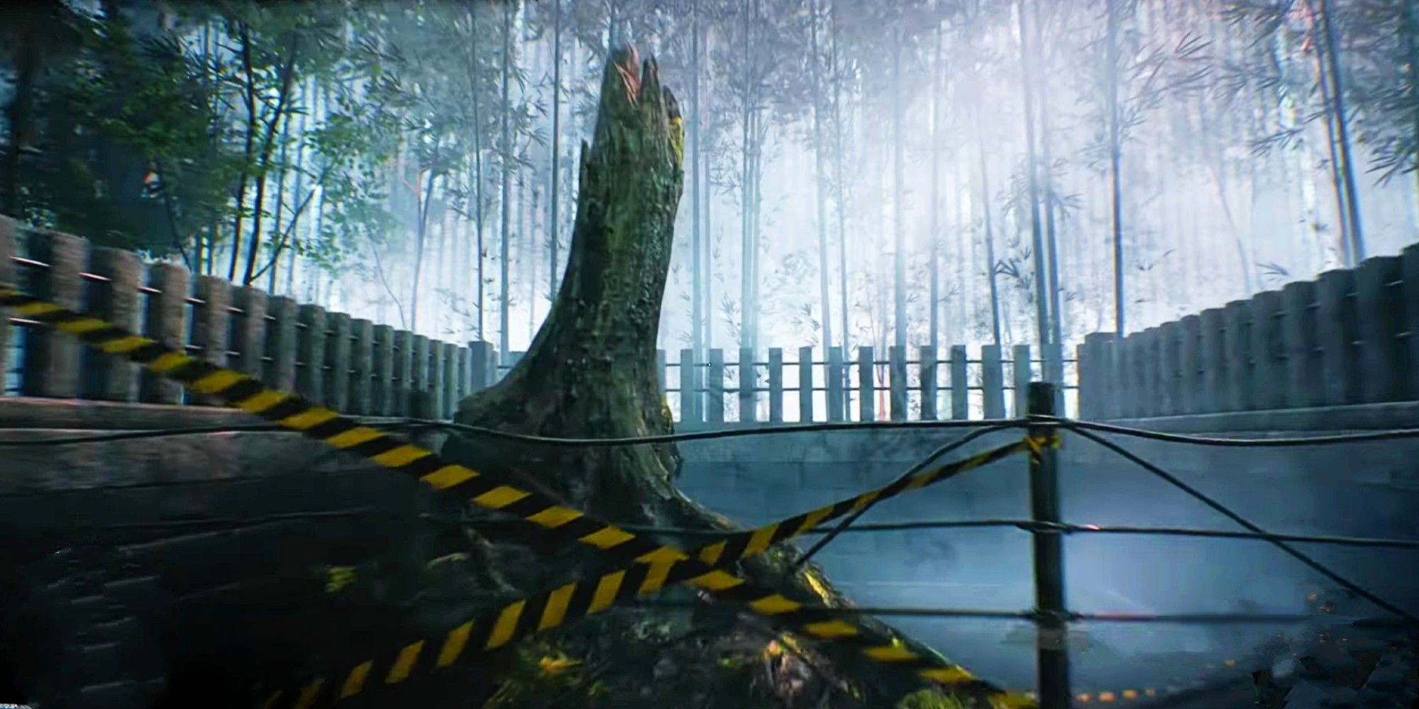 Ghostwire Tokyo Ginpei Restricted Area holds a tree stump surrounded by a fence and danger tape blocking your way